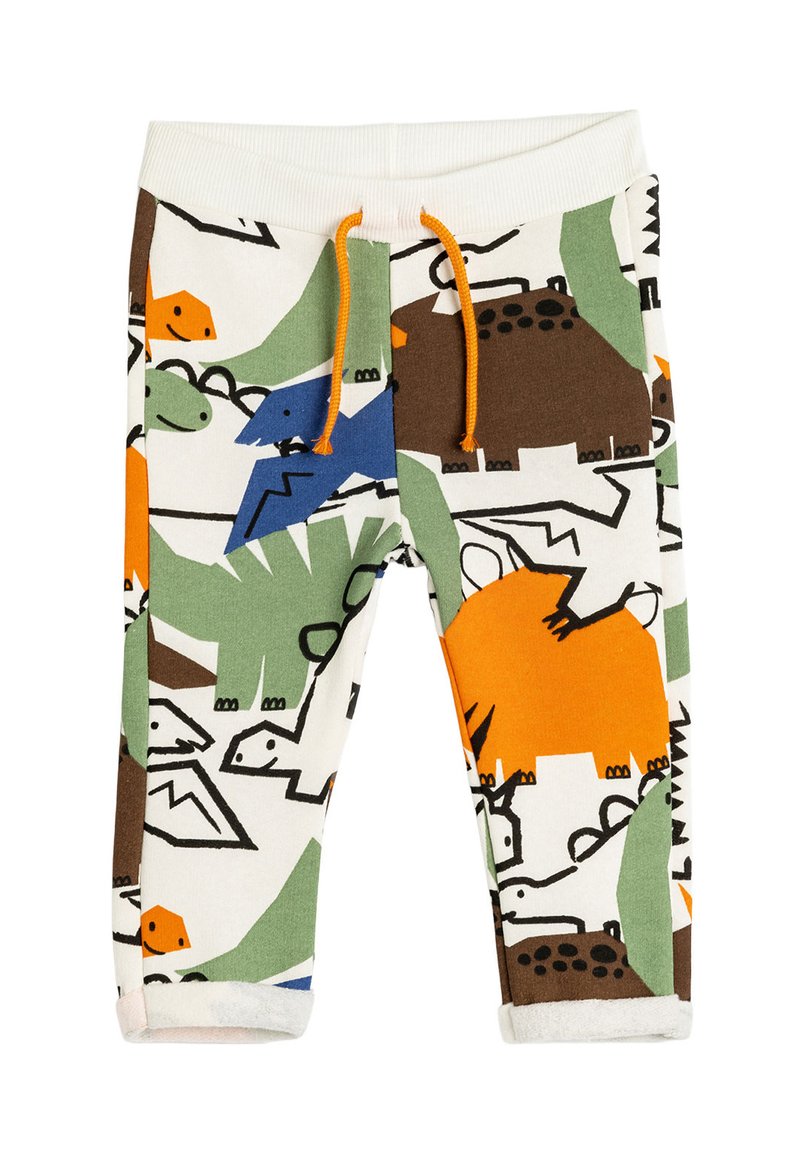 Katoenen peuterbroek met een meerkleurig dinosaurussen- en dierenprint in oranje, groen, blauw en bruin. Elastische tailleband met trekkoord.