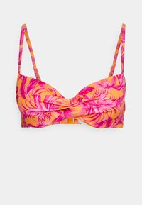 Top de biquíni com design frontal torcido, padrão floral tropical em rosa e amarelo, alças ajustáveis e fecho nas costas.