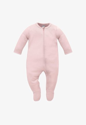 Une combinaison zippée rose en tissu doux, avec des manches longues, un fond pied et un col rond pour un confort supplémentaire.