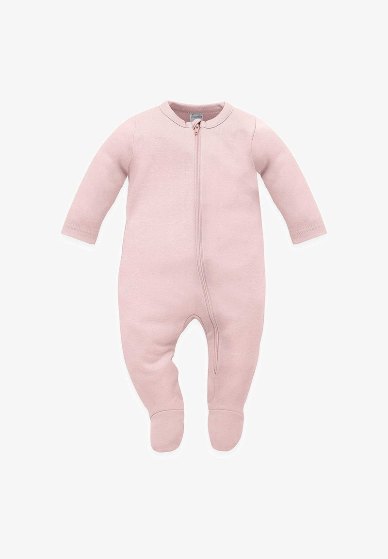 Różowy kombinezon z zamkiem błyskawicznym wykonany z miękkiego materiału, z długimi rękawami, stopami zakrytymi dołem oraz okrągłym dekoltem dla dodatkowego komfortu.