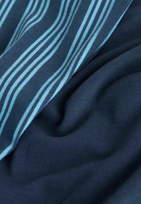 Zils un tumši jūras zilas audums ar smalkām vertikālām svītrām. Tekstūra izskatās mīksta un gluda, piemērota apģērbu vai mēbeļu apvalka izgatavošanai.