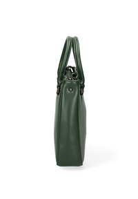 Borsa a tracolla verde in pelle sintetica con due manici superiori, forma strutturata e chiusura a zip. Presenta hardware in metallo e una texture liscia.