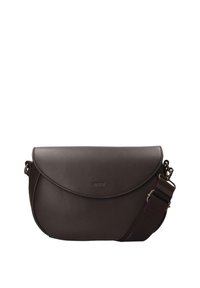 Borsa a tracolla in pelle marrone con patta curva, texture sottile, tracolla regolabile e logo in rilievo sulla parte anteriore.