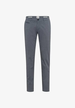 Męskie szare spodnie o dopasowanym kroju, z szlufkami na pasek, zapięciem na guziki z przodu oraz małą kieszenią z przodu po prawej stronie.