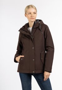 Brun isoleret jakke med hætte, lynlås og trykknaplukning, justerbare snoretræk og side lommer. Glat stof med mat finish.