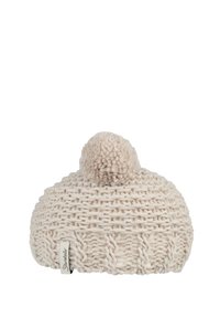Knitted beige beanie hat with a round shape, featuring a pom-pom on top and a textured pattern. Includes a small brand label on the side.