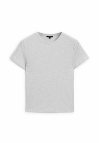 Grå kortærmet t-shirt med rund halsudskæring, lavet af blødt bomuldsblandingsstof. Har en glat tekstur og en afslappet pasform.