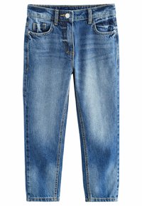 Blaue Jeans aus Denim mit klassischer Passform, die über Fronttaschen, einen Knopf- und Reißverschluss sowie eine leichte Ausbleichung des Stoffes verfügt.