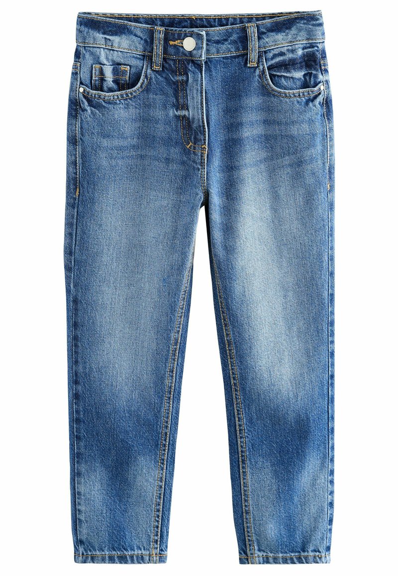 Blaue Jeans aus Denim mit klassischer Passform, die über Fronttaschen, einen Knopf- und Reißverschluss sowie eine leichte Ausbleichung des Stoffes verfügt.