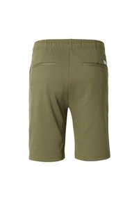 Shorts vert olive avec une texture douce, taille élastique et deux poches arrière. Coupe droite, sans motifs ni accents visibles.