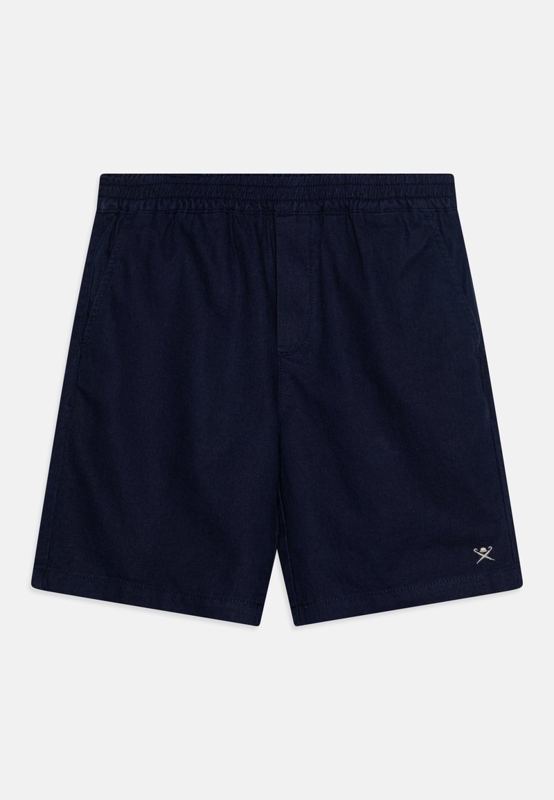 Pantaloni shorts blu navy con cintura elasticizzata, dotati di tasche laterali e un piccolo logo sul bordo inferiore. Tessuto dalla superficie liscia.