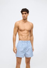 Ανοιχτό μπλε και λευκές ριγέ μποξεράκια με ελαστική μέση και μικρή λεπτομέρεια λογότυπου; μαλακό ύφασμα, άνετη εφαρμογή, κατάλληλο για καθημερινή χρήση.