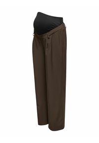 Maternitātes bikses tumši brūnā audumā ar melnu elastīgu vidukļa jostu, ar brīva piegriezuma šuvi un priekšējām bārkstīm papildus ērtībai.