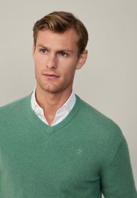 Grön v-ringad tröja i mjukt material, lager på lager över en vit skjorta med krage. Har en subtil logotyp broderad på vänster bröst.