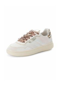 Light beige sneaker with leopard print sheer laces and heel tab, textured sole, and zigzag side design.