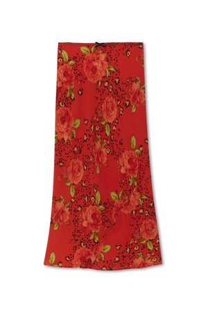 Rode rok met een bloemenpatroon van grote roze rozen en groene bladeren, aangevuld met subtiele details in luipaardprint. Gladde stoftextuur.