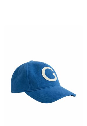 Blaues Baseballcap mit einem weißen Buchstaben G, der auf die Frontplatte gestickt ist, vor einem schlichten weißen Hintergrund gezeigt.