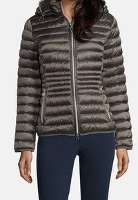 Plyšová bunda tmavě šedé barvy s horizontálním prošíváním, s zipem vpředu a kapucí. Obsahuje boční kapsy a hladký, lesklý povrch.