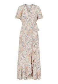 Robe portefeuille florale avec manches courtes, décolleté en V, ceinture à nouer sur le côté et ourlet asymétrique froncé dans des couleurs pastel douces.