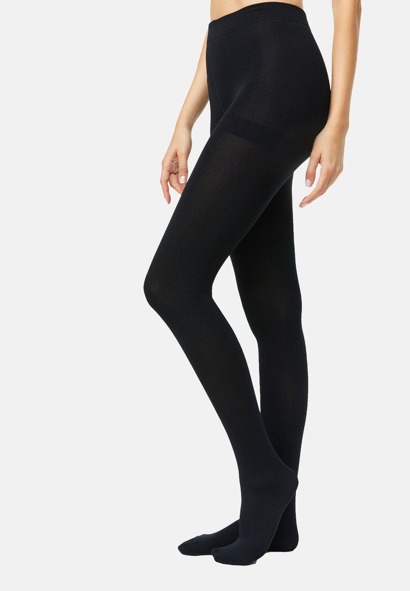 Tights opacos negros, textura suave, diseño de alta cintura, cobertura completa de las piernas, sin patrones o acentos visibles, material ligero y extensible.