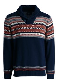 Granatowy wełniany sweter z kołnierzem szalowym, z czerwono-białymi geometrycznymi wzorami oraz ściągaczami przy mankietach i dolnej krawędzi dla uzyskania tekstury i komfortu.