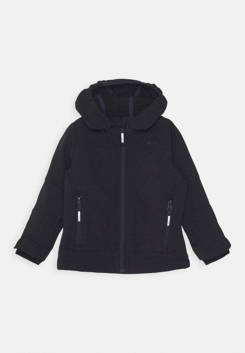 Black zip-up jacket with a hood, featuring side pockets and a textured fabric. Accents include white zippers and logo detail on the chest.