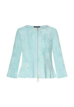 Lichtblauw suède jack met lange mouwen, ritssluiting aan de voorkant, ronde halslijn en subtiele peplum zoomdetails.