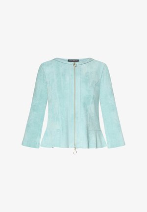 Lichtblauw suède jack met lange mouwen, ritssluiting aan de voorkant, ronde halslijn en subtiele peplum zoomdetails.