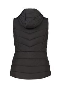 Zwarte gewatteerde vest met capuchon, met een chevron-quiltpatroon en horizontale naden. Gladde textuur, op maat gemaakte pasvorm en geen zichtbare hardware.