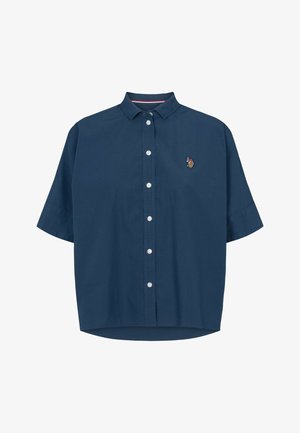 Cămașă bleumarin cu mâneci scurte din bumbac. Are guler, închidere cu nasturi și un mic logo brodat pe piept.