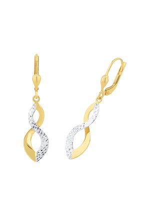 Ohrringe aus Gold und Silber mit einem Unendlichkeitdesign. Der silberne Teil hat eine strukturierte Oberfläche, während der goldene Abschnitt glatt ist.