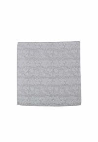 Gray patterned fabric featuring a paisley design with intricate details. Soft texture, rectangular shape, and a smooth finish.