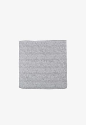 Gray patterned fabric featuring a paisley design with intricate details. Soft texture, rectangular shape, and a smooth finish.
