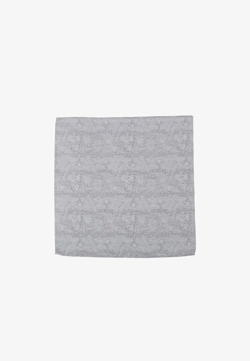 Gray patterned fabric featuring a paisley design with intricate details. Soft texture, rectangular shape, and a smooth finish.