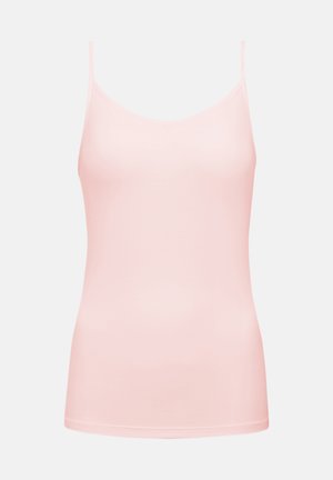 Top senza maniche di un morbido rosa con spalline sottili e un design di tessuto semplice e liscio su uno sfondo neutro.