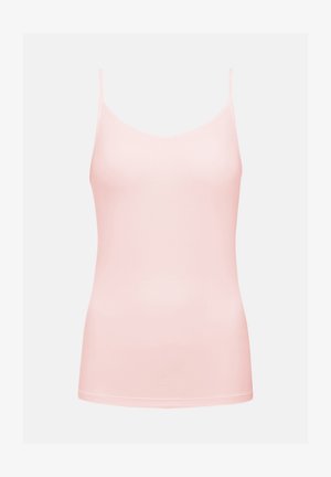 Soft pink sleeveless tank top with thin straps and a simple, smooth fabric design against a neutral background.