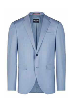 Jasnoniebieska, męska marynarka jednorzędowa z klapami z wycięciem, dwoma przednimi kieszeniami z patkami, jedną kieszenią na piersi oraz jednym guzikiem zapinającym.