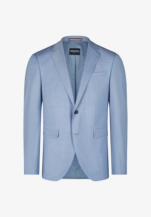 Jasnoniebieska, męska marynarka jednorzędowa z klapami z wycięciem, dwoma przednimi kieszeniami z patkami, jedną kieszenią na piersi oraz jednym guzikiem zapinającym.