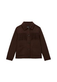 Veste en laine marron avec col, fermeture à boutons sur le devant, deux poches avant et des franges sur la partie poitrine.