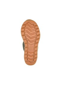 Gummisohle mit tiefem Profil, orangefarben. Obermaterial aus strapazierfähigem Material in Grau, mit verstärkten Kanten für zusätzlichen Halt.