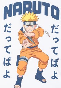 Mono naranja con acentos en azul oscuro, mostrando un personaje con cabello rubio espigado y una cinta en la cabeza. Fondo blanco con el texto "NARUTO".
