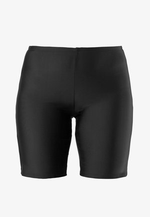 Zwarte shorts van glad, rekbaar materiaal met een getailleerd ontwerp, voorzien van een naadloze tailleband en een lengte tot halverwege de dij.