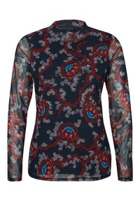 Långärmad, marinblå topp med ett blommönster i röd, blå och vit. Tillverkad av ett genomskinligt, lätt tyg med hög krage.
