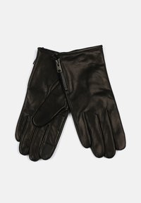 Guanti in pelle nera con una texture liscia, dotati di chiusura con zip e design a cinque dita per un facile indossamento.