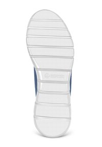 Blauer Schuh mit einem strukturierten Obermaterial und einer weißen, gerippten Gummisohle mit einem Logo. Die Sohle hat horizontale Rillen für besseren Halt.