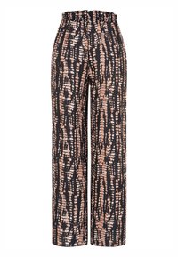 Broek met wijde pijpen en een elastische tailleband, met een zwarte basis en verticale beige abstracte strepen.