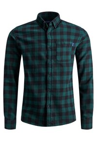 Camisa de franela a cuadros verde y negra con diseño de botones, un bolsillo en el pecho y mangas largas. Textura suave y cuello estructurado.