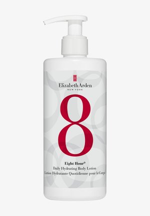 Weiße Kunststoffflasche mit einer Pumpe und einem roten "8"-Etikett, das graue kreisförmige Muster zeigt. Das Etikett enthält den Produktnamen und die Beschreibung.