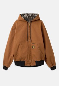 Brauner Reißverschluss-Hoodie mit einem camouflagemuster Innenfutter, großen Fronttaschen, elastischen Bündchen und einem schwarzen Bund. Mit Logo der Marke.