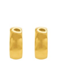 Goldfarbene Creolen mit einer glatten, glänzenden Oberfläche. Abgerundete obere Kanten und ein leicht eckiger Boden für ein modernes, minimalistisches Design.